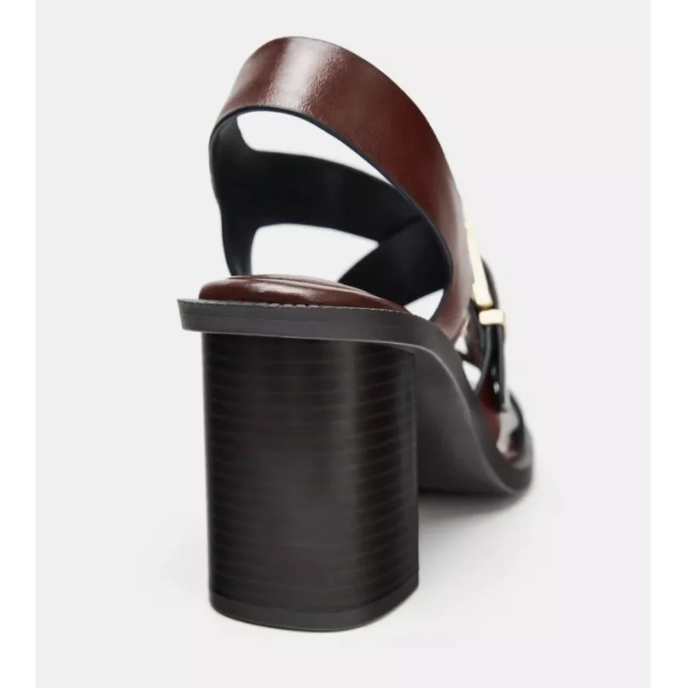 Zara Brown Leather Buckled Heeled Sandals Sz-11